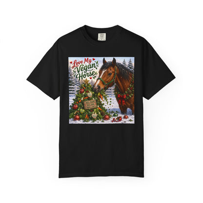 Vegan Christmas T-Shirt – "Love My Vegan Horse" Holiday Tee