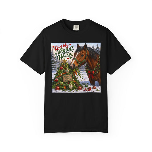 Vegan Christmas T-Shirt – "Love My Vegan Horse" Holiday Tee