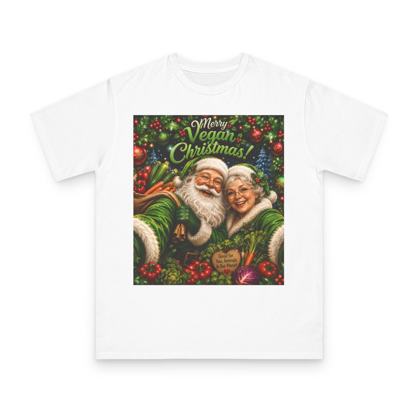 Organic  cotton Merry Vegan Christmas-Santa and Mrs Santa Selfie T-shirt