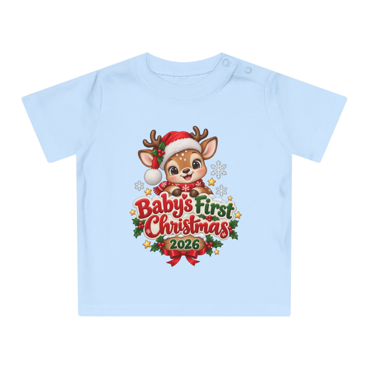 Baby's First Christmas 2026 Baby T-Shirt – Cute Reindeer Holiday Tee