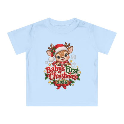 Baby's First Christmas 2026 Baby T-Shirt – Cute Reindeer Holiday Tee