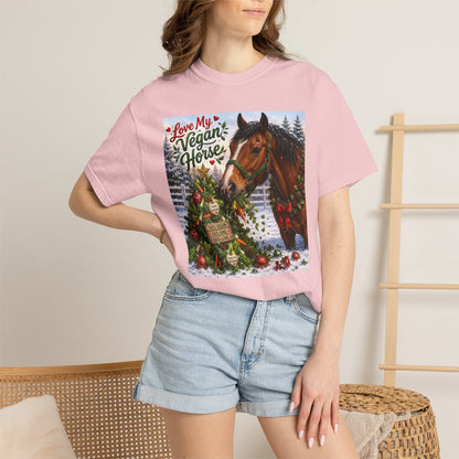 Vegan Christmas T-Shirt – "Love My Vegan Horse" Holiday Tee