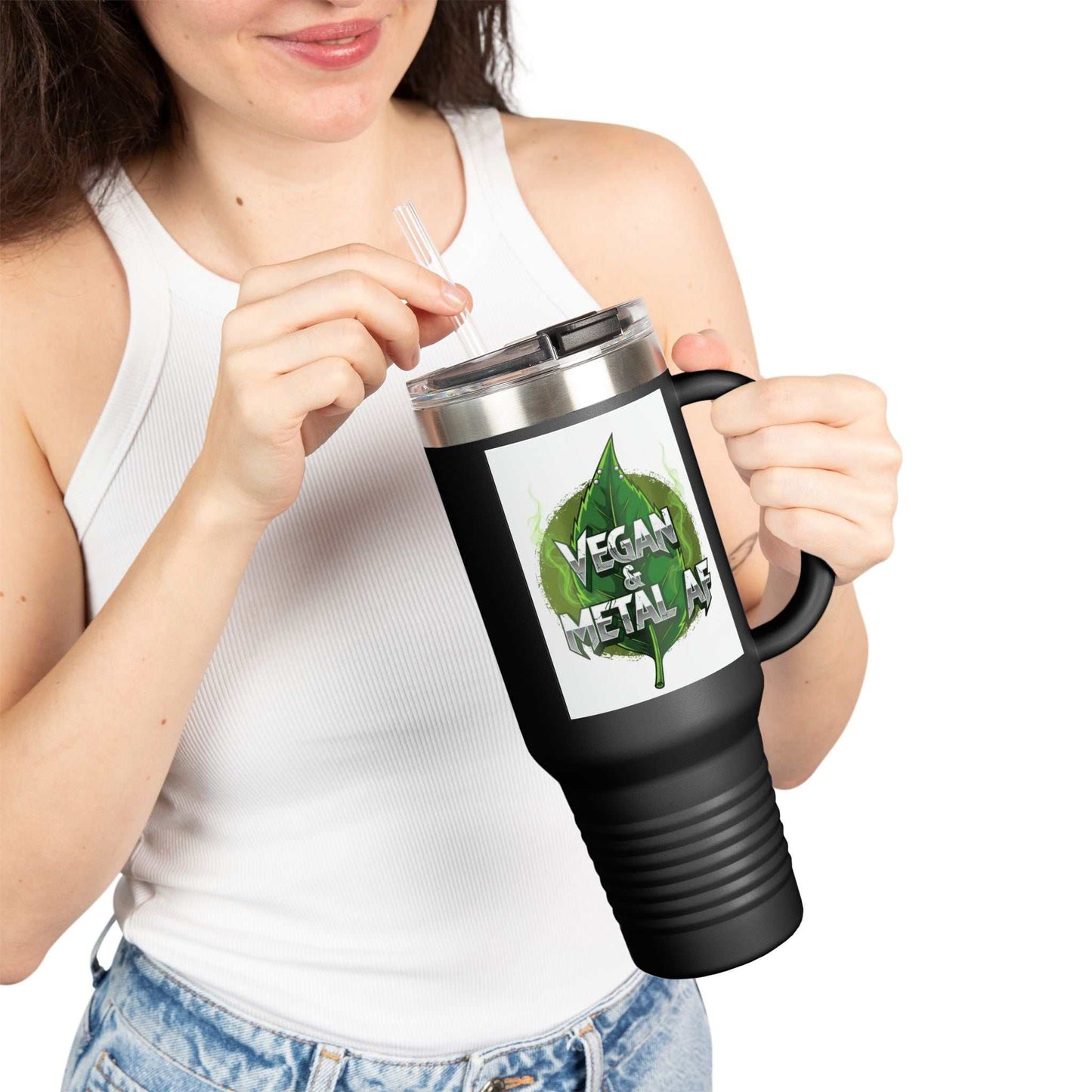 40oz Vegan & Metal AF insulated travel mug with ergonomic handle and leak-proof lid