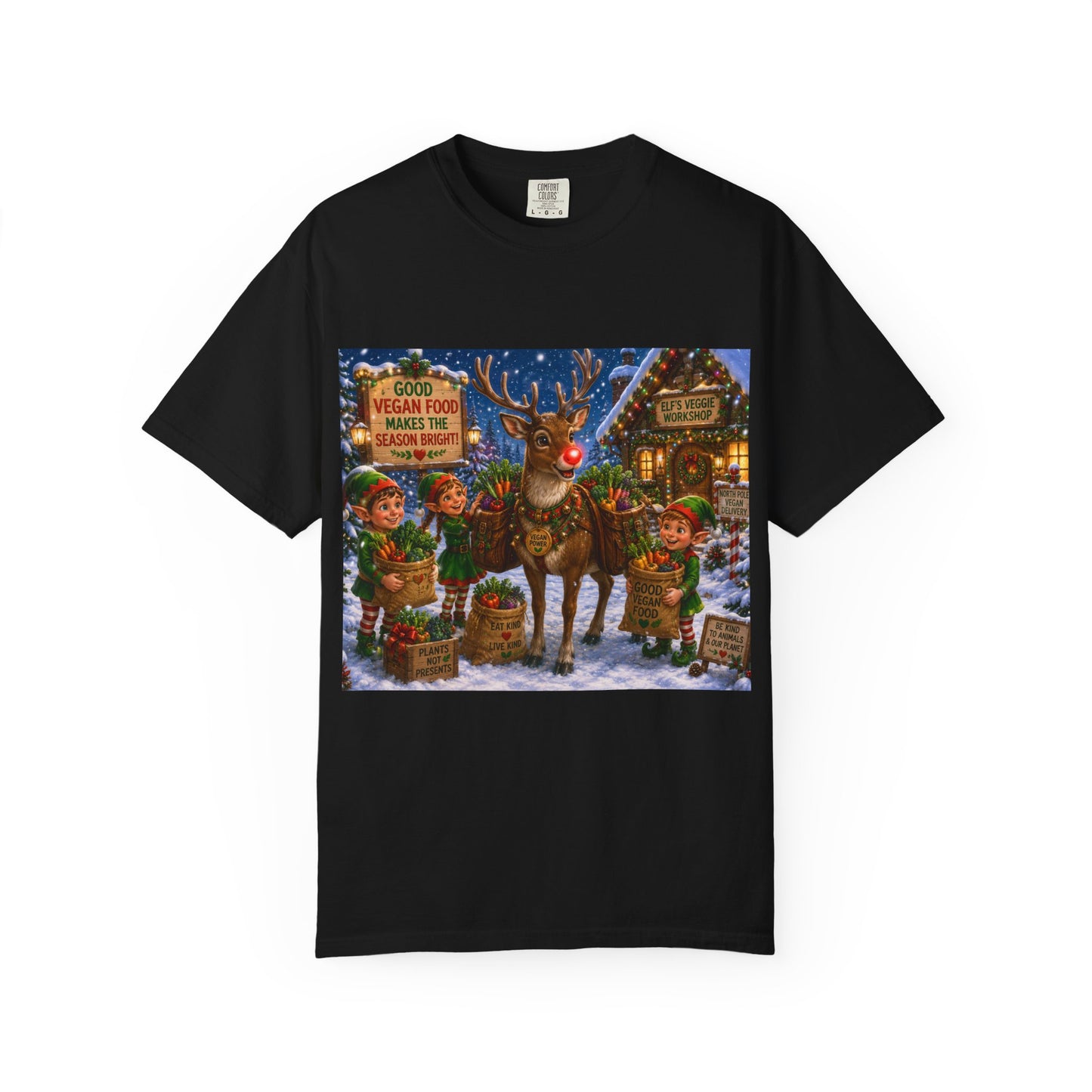 Merry Vegan Christmas T-Shirt - Rudolph & The Elves — Festive Holiday Vegan Graphic Tee
