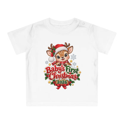 Baby's First Christmas 2026 Baby T-Shirt – Cute Reindeer Holiday Tee