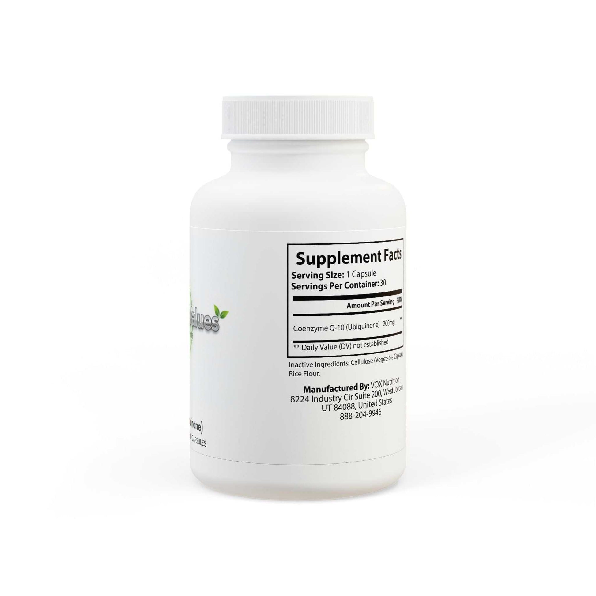 Bottle of CoQ10 supplement capsules with antioxidant support label