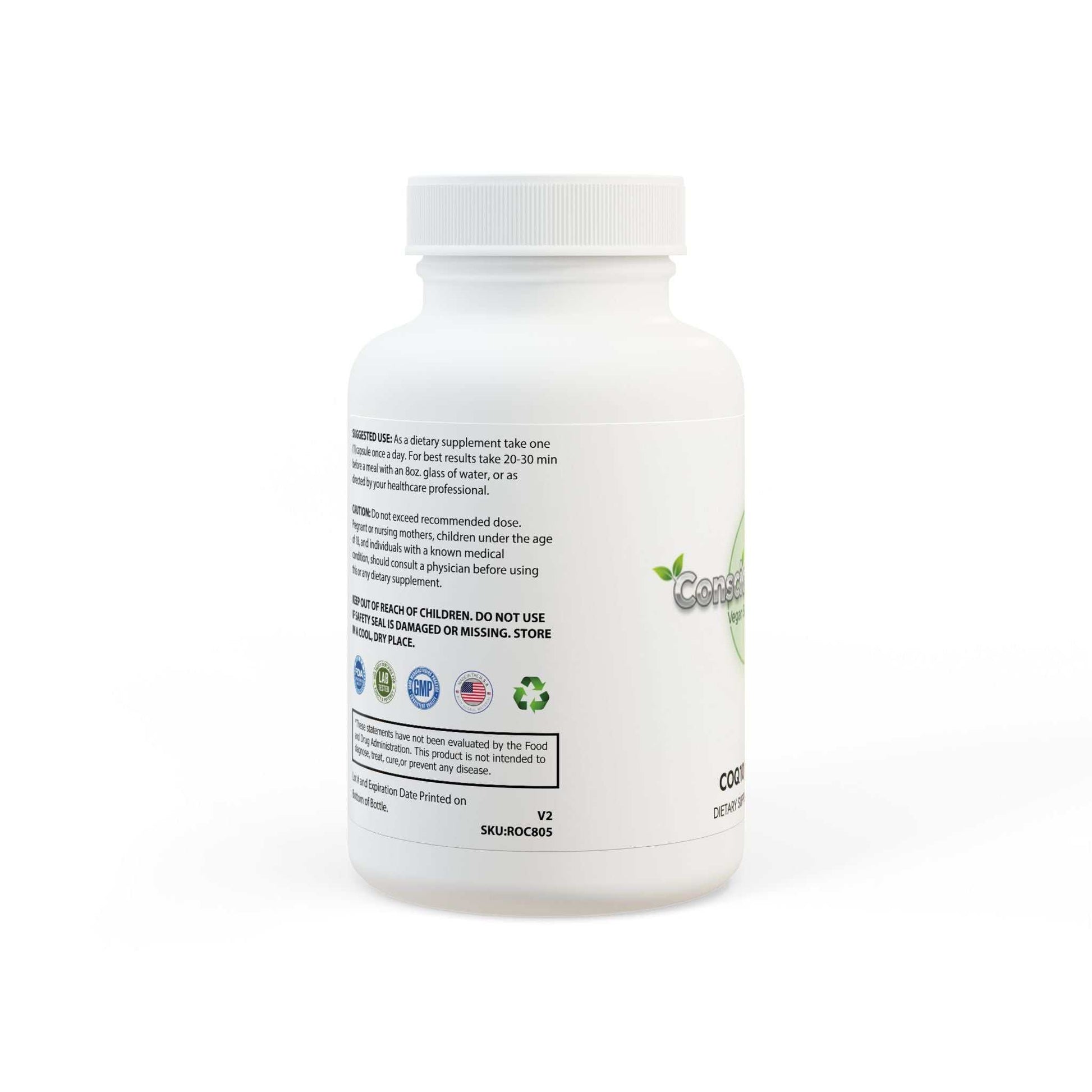 CoQ10 supplement bottle with 30 capsules, vegan, non-GMO, FDA registered, GMP certified, antioxidant support