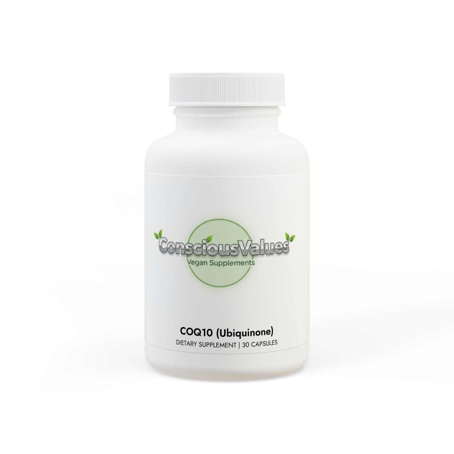 Bottle of CoQ10 supplement capsules with vegan, non-GMO label and antioxidant support claims