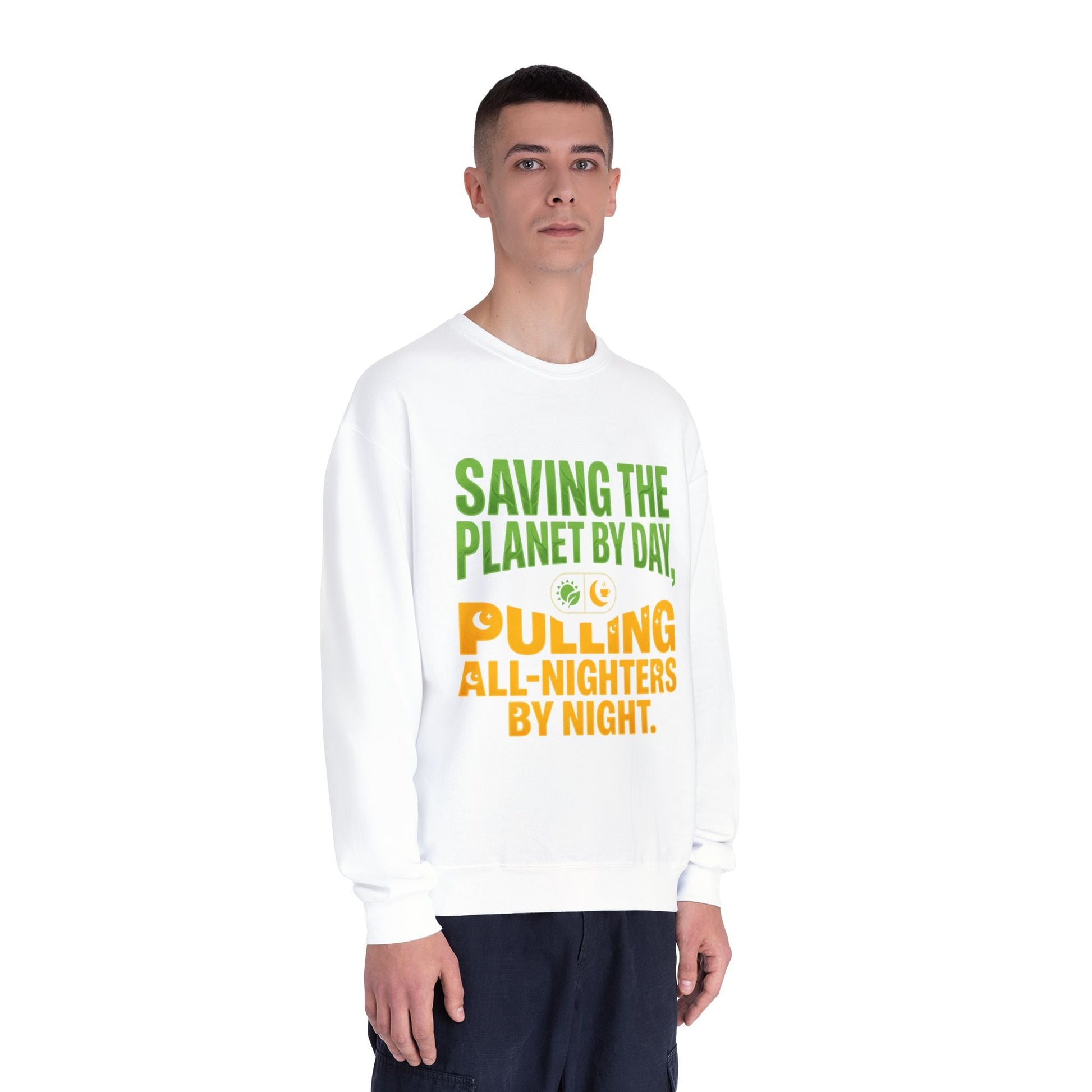Crewneck Sweatshirt — "Saving the Planet by Day, Pulling All-Nighters by Night" Eco-Friendly Activist Pullover - ConsciousValues