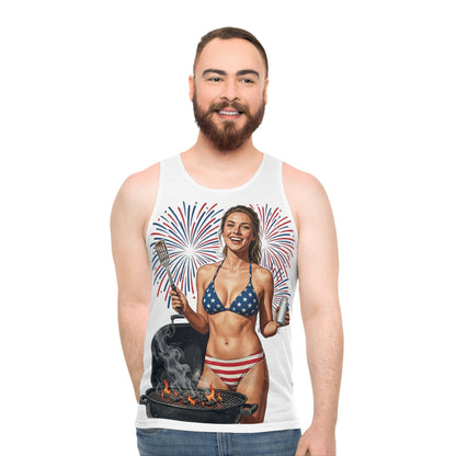 Independence Day BBQ Tank Top — American Flag 1776 - 2026 Fireworks Grill Girl - ConsciousValues