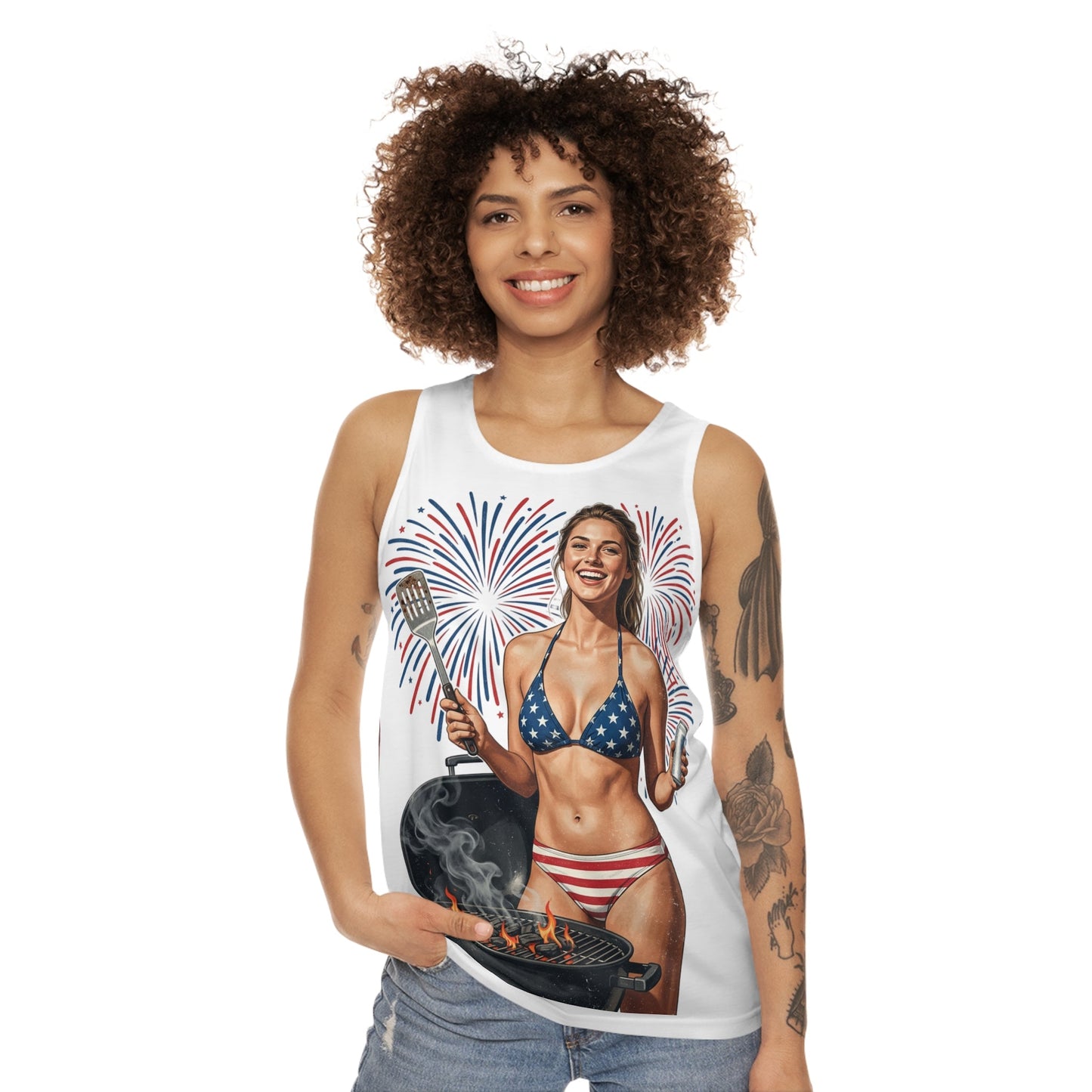 Independence Day BBQ Tank Top — American Flag 1776 - 2026 Fireworks Grill Girl - ConsciousValues