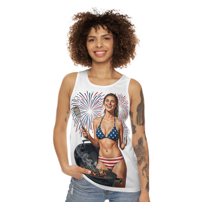 Independence Day BBQ Tank Top — American Flag 1776 - 2026 Fireworks Grill Girl - ConsciousValues