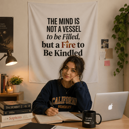 Inspirational Quote Wall Tapestry — “The Mind Is Not a Vessel to Be Filled, but a Fire to Be Kindled” Personalize it! - ConsciousValues