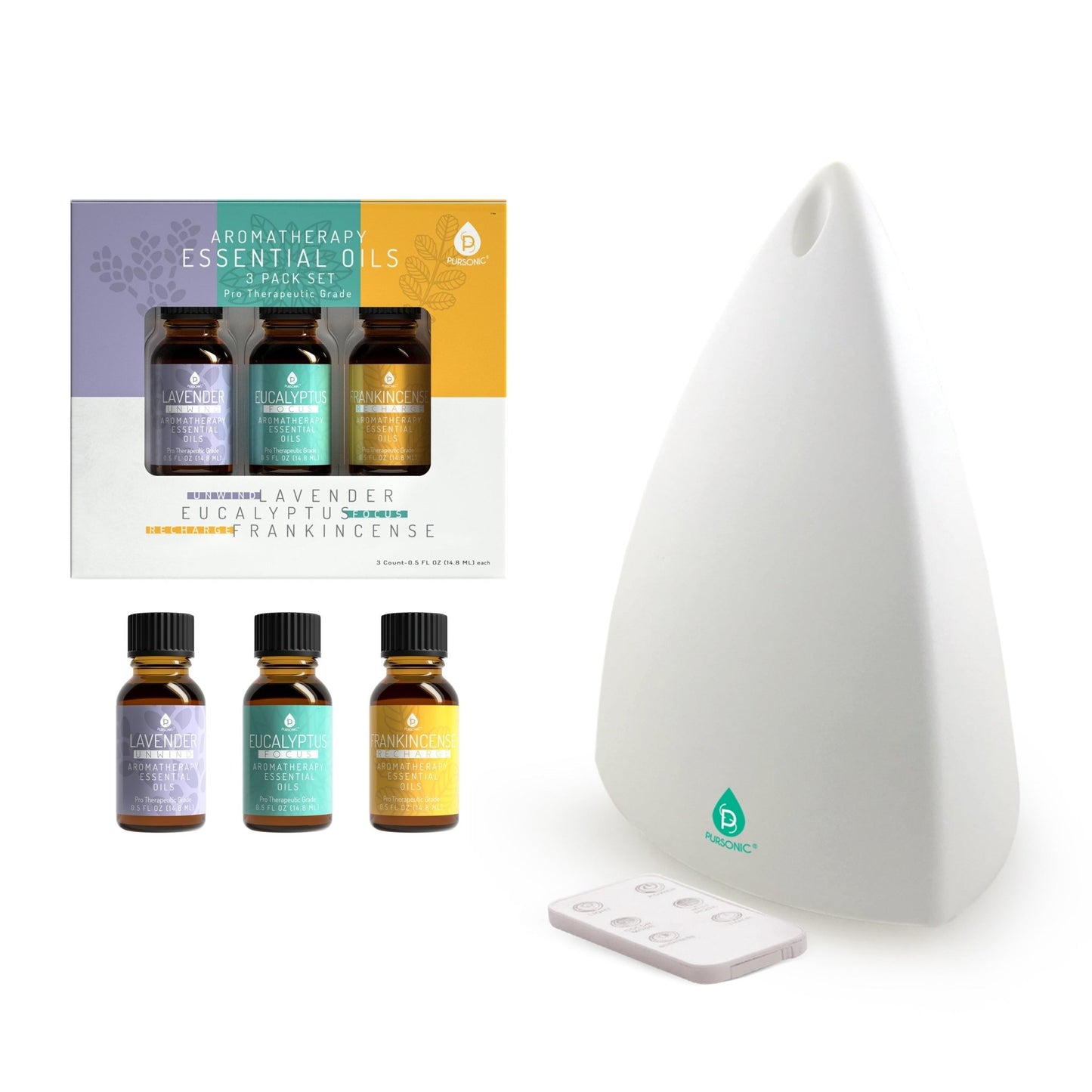 Pursonic Aromatherapy Diffuser & Essential Oil Set - Ultrasonic Top 3 Oils - ConsciousValues