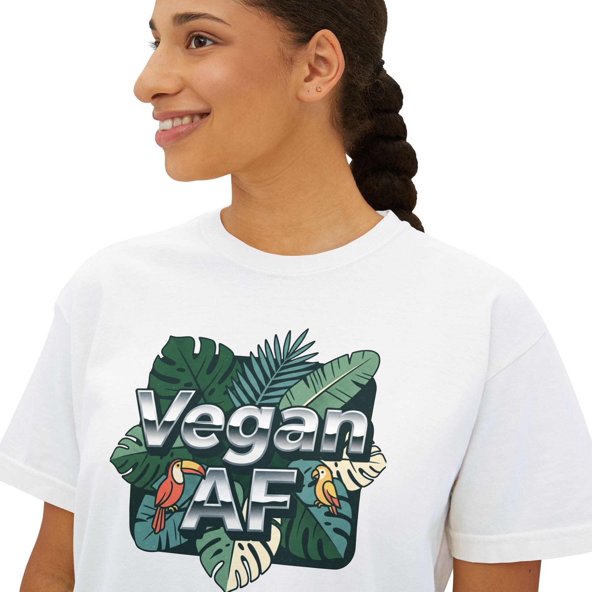 Vegan AF Boxy Tee Show Your Vegan Pride – Tropical Leaf Veganism Inspired Graphic Women's Shirt - ConsciousValues