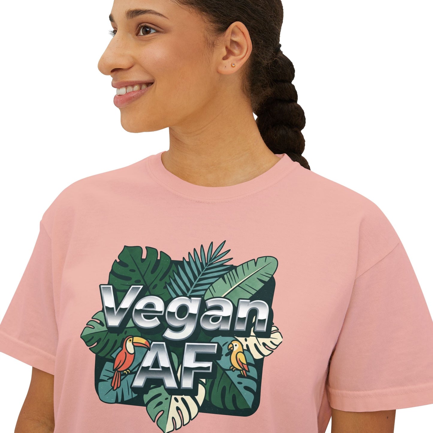 Vegan AF Boxy Tee Show Your Vegan Pride – Tropical Leaf Veganism Inspired Graphic Women's Shirt - ConsciousValues