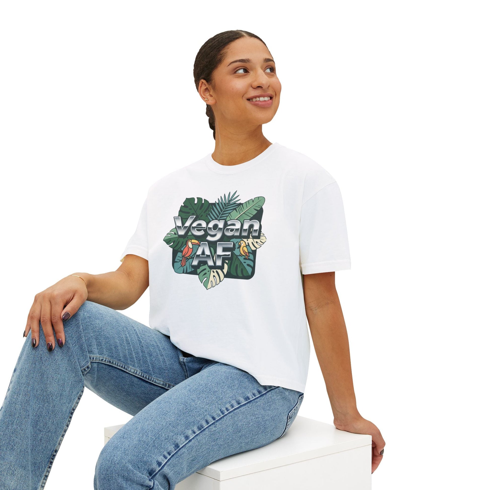Vegan AF Boxy Tee Show Your Vegan Pride – Tropical Leaf Veganism Inspired Graphic Women's Shirt - ConsciousValues