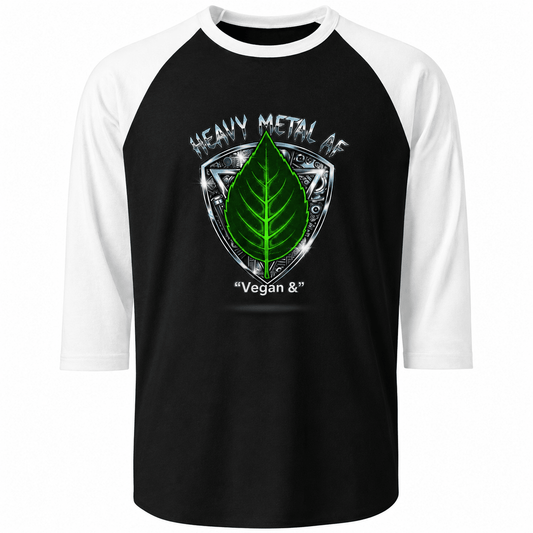 Vegan and Heavy Metal AF Crest Raglan Shirt | Vegan Pride Logo 3/4 Sleeve - ConsciousValues