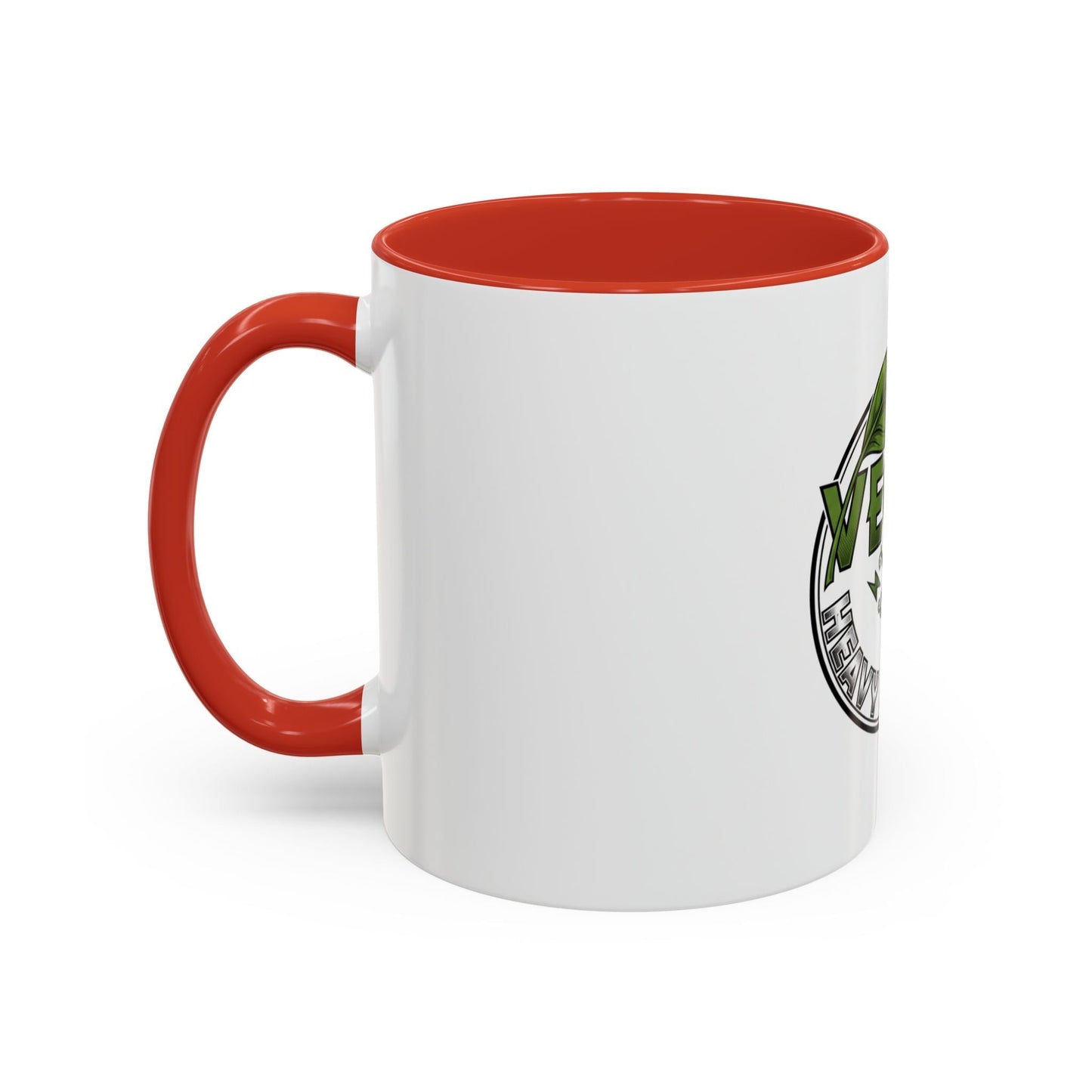 Vegan Heavy Metal Logo coffee mug with leafy green text and metallic lightning bolts on glossy ceramic