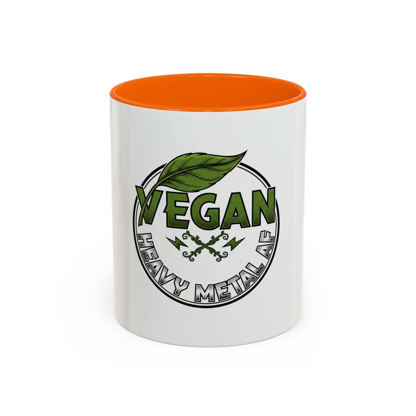 Vegan Heavy Metal Logo coffee mug with leafy green text and crossed lightning bolts on white ceramic with colored handle and interior