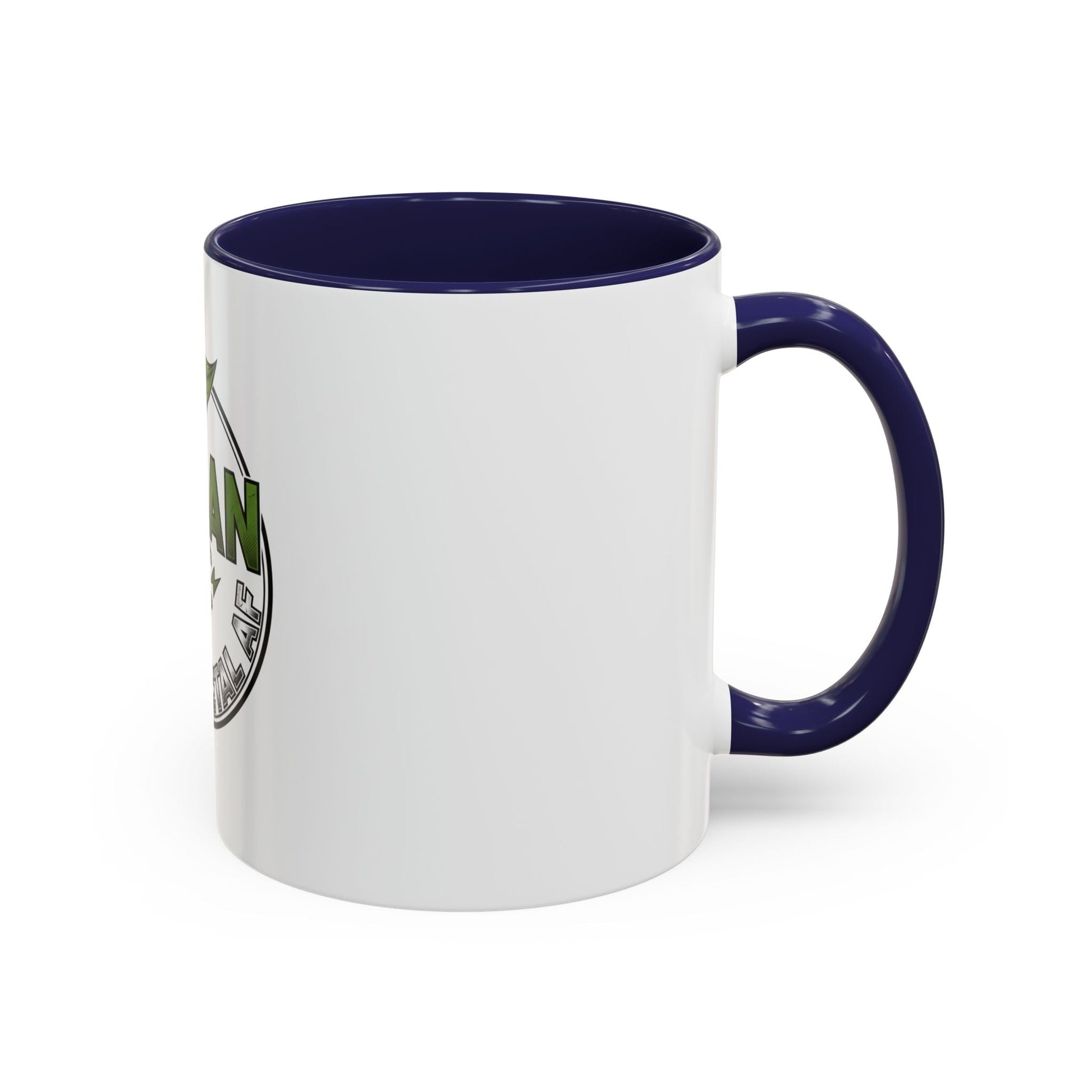 Glossy ceramic coffee mug with Vegan Heavy Metal Logo featuring leafy green "VEGAN" text and crossed lightning bolts on white background with colored handle and interior