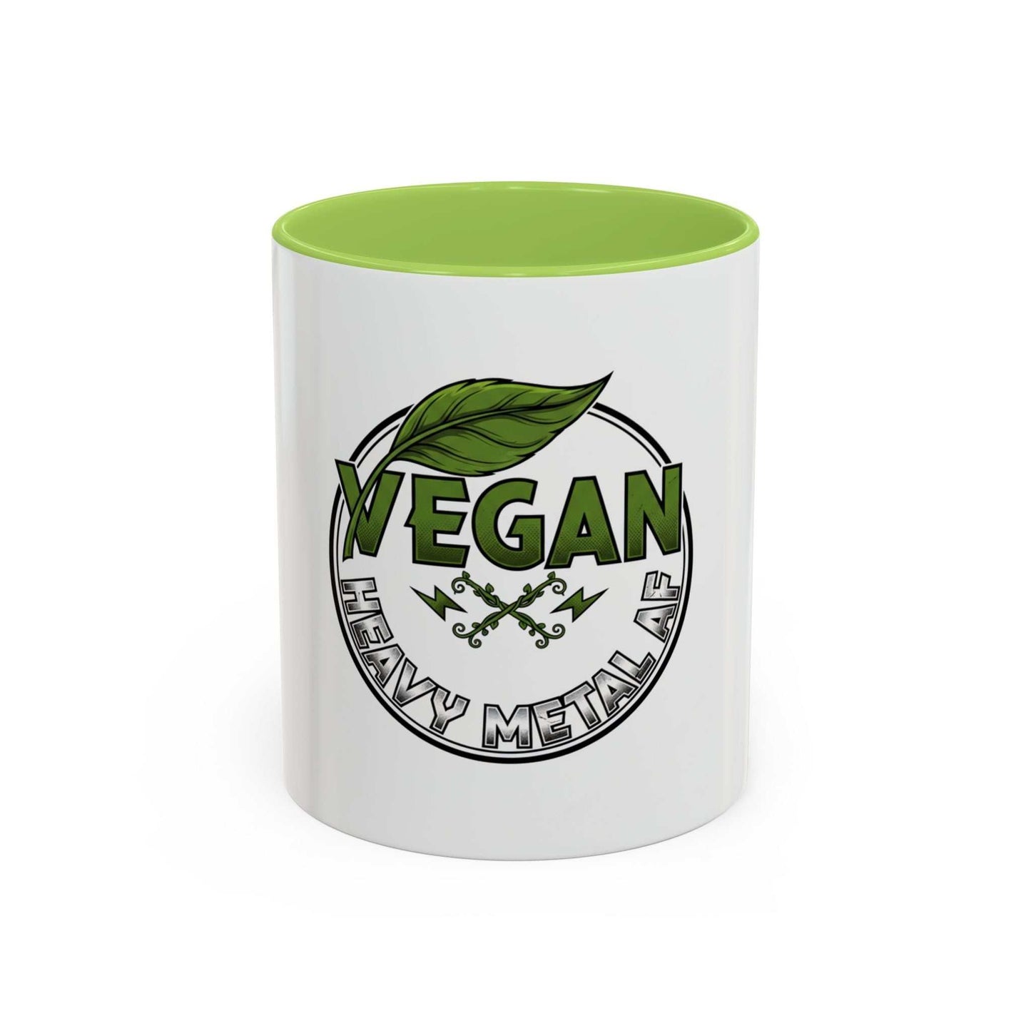Glossy ceramic coffee mug with Vegan Heavy Metal Logo featuring leafy green letters and lightning bolts on white body with colored handle and interior