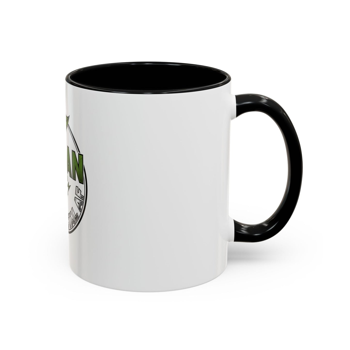 Glossy ceramic coffee mug with vegan heavy metal logo, leafy green "VEGAN" text, crossed lightning bolts, and distressed "HEAVY METAL AF" lettering, white exterior with colored handle and interior.