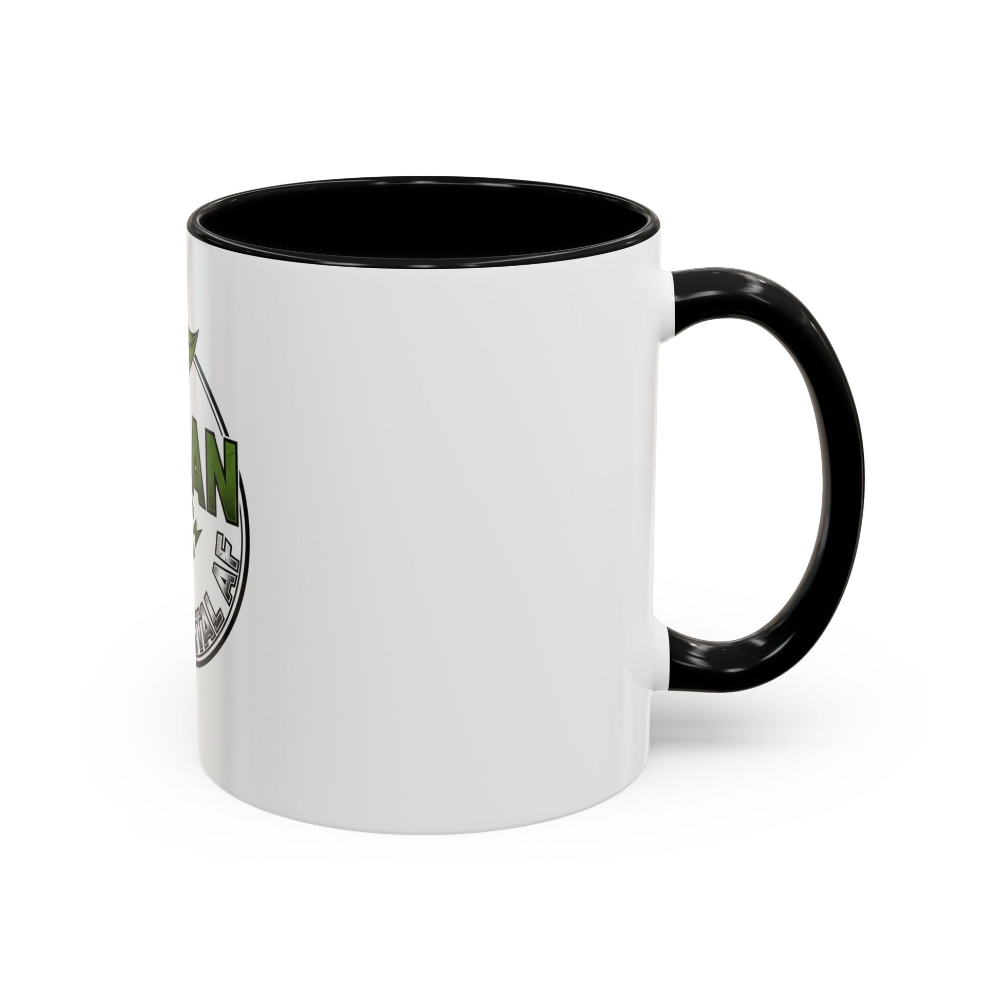 Glossy ceramic coffee mug with vegan heavy metal logo, leafy green "VEGAN" text, crossed lightning bolts, and distressed "HEAVY METAL AF" lettering, white exterior with colored handle and interior.