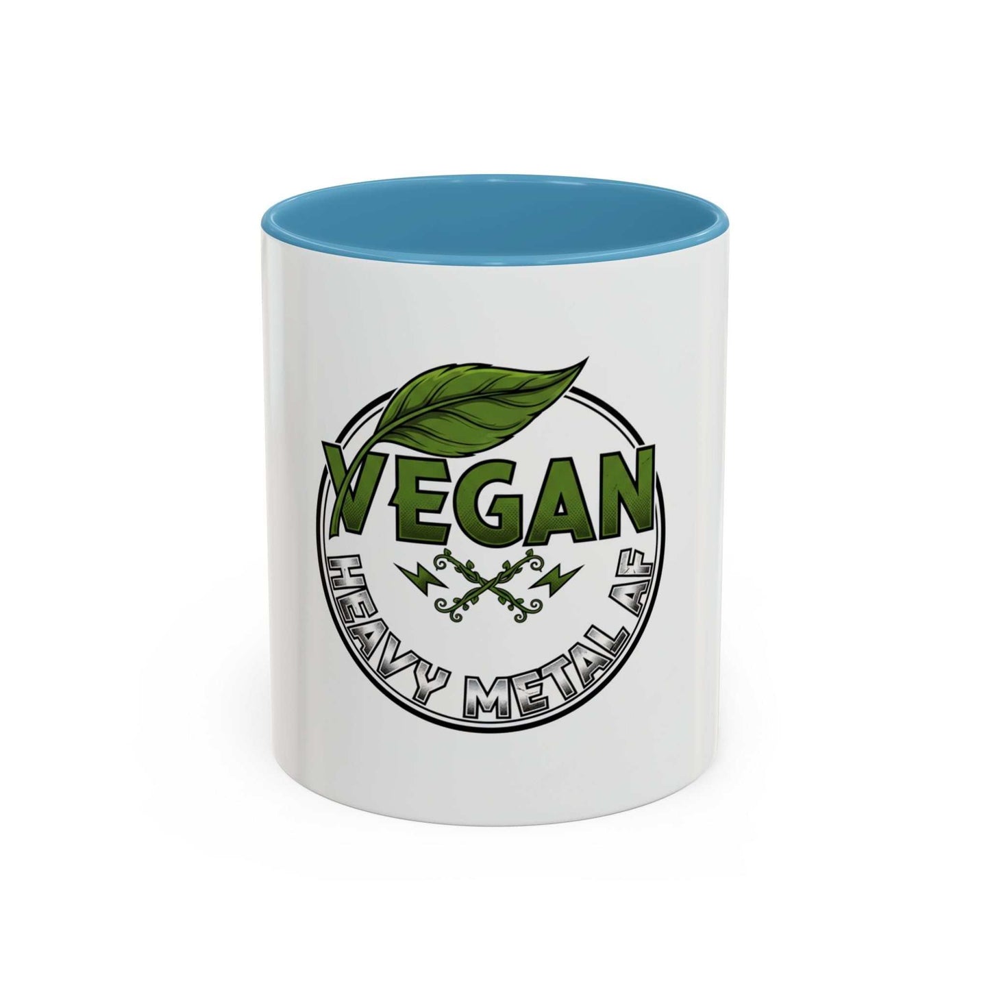 Vegan Heavy Metal Logo coffee mug with leafy green letters and lightning bolts on white ceramic