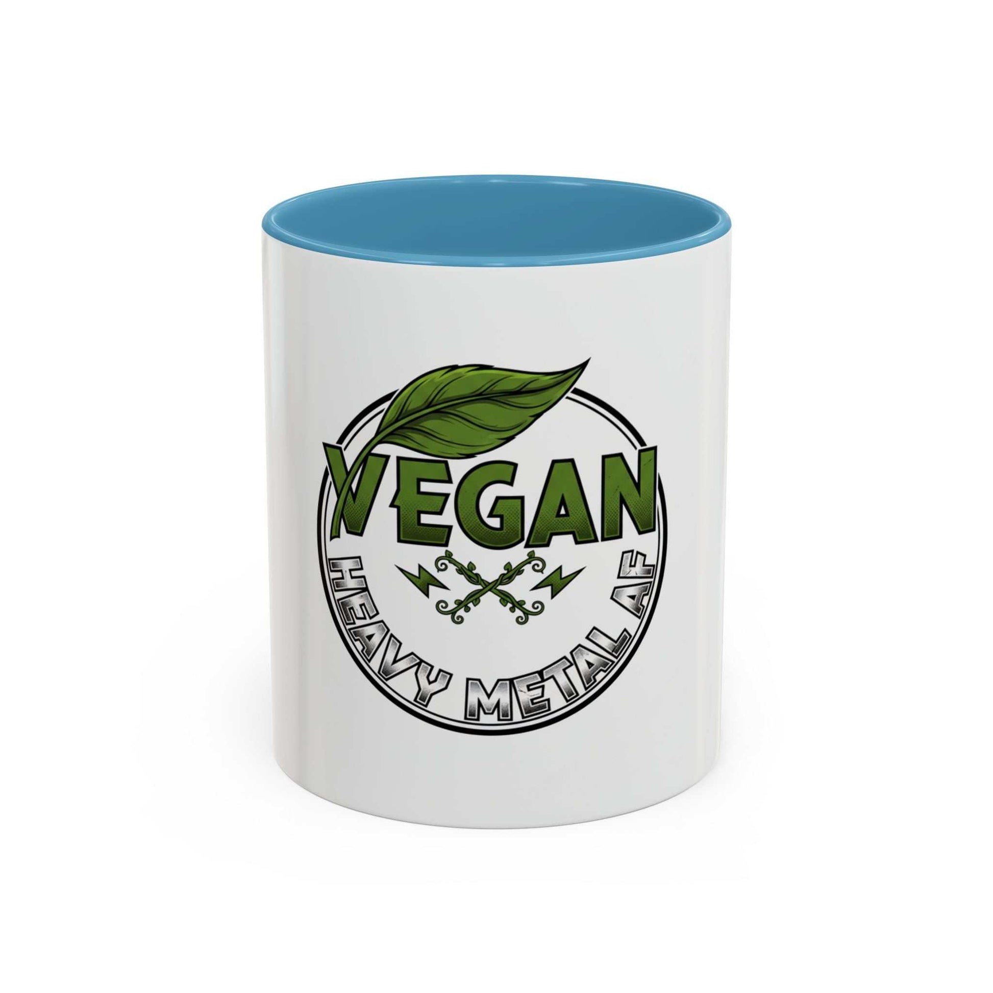 Vegan Heavy Metal Logo coffee mug with leafy green letters and lightning bolts on white ceramic