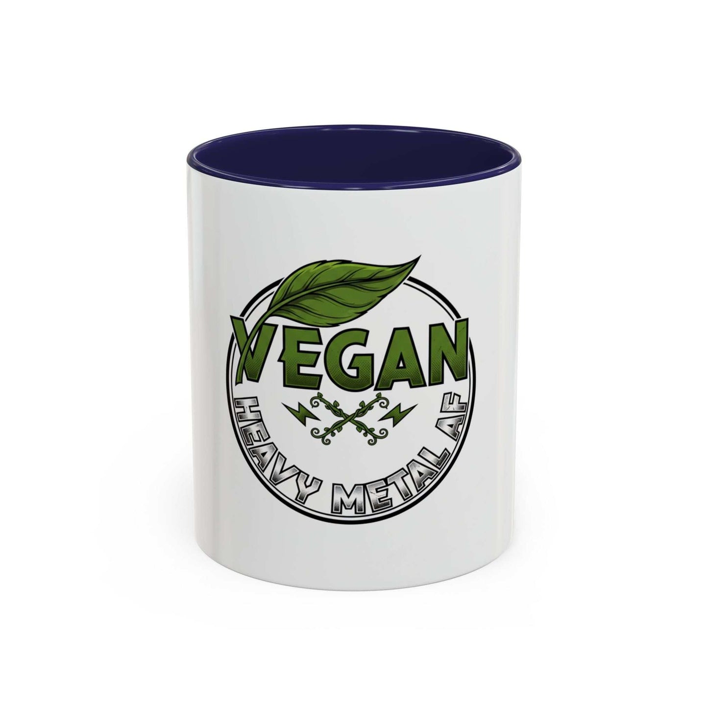 Glossy ceramic coffee mug with Vegan Heavy Metal Logo, white body, colored handle and interior, microwave and dishwasher safe