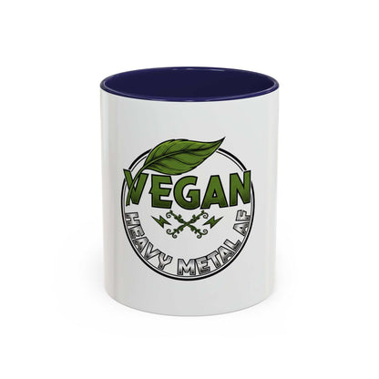 Glossy ceramic coffee mug with Vegan Heavy Metal Logo, white body, colored handle and interior, microwave and dishwasher safe