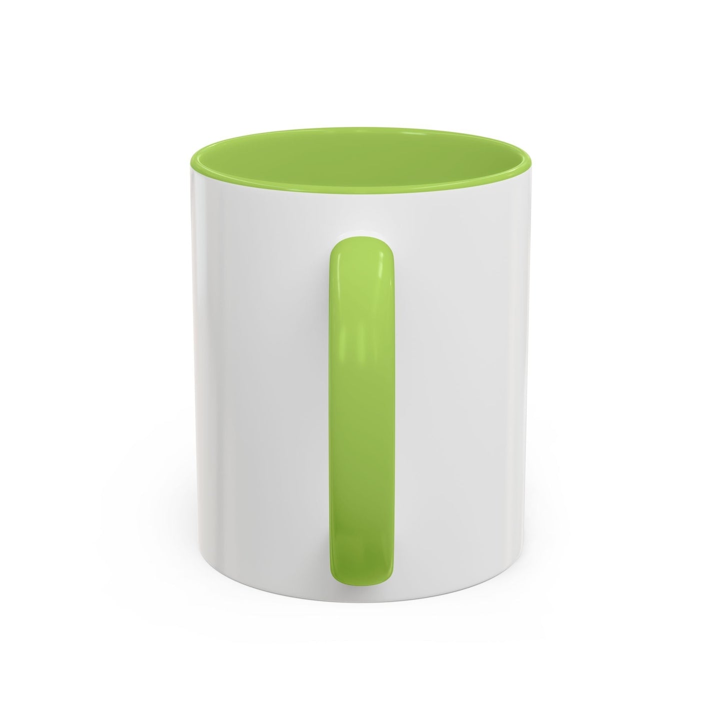 Glossy ceramic coffee mug with Vegan Heavy Metal Logo featuring leafy green text and crossed lightning bolts on white body with colored handle