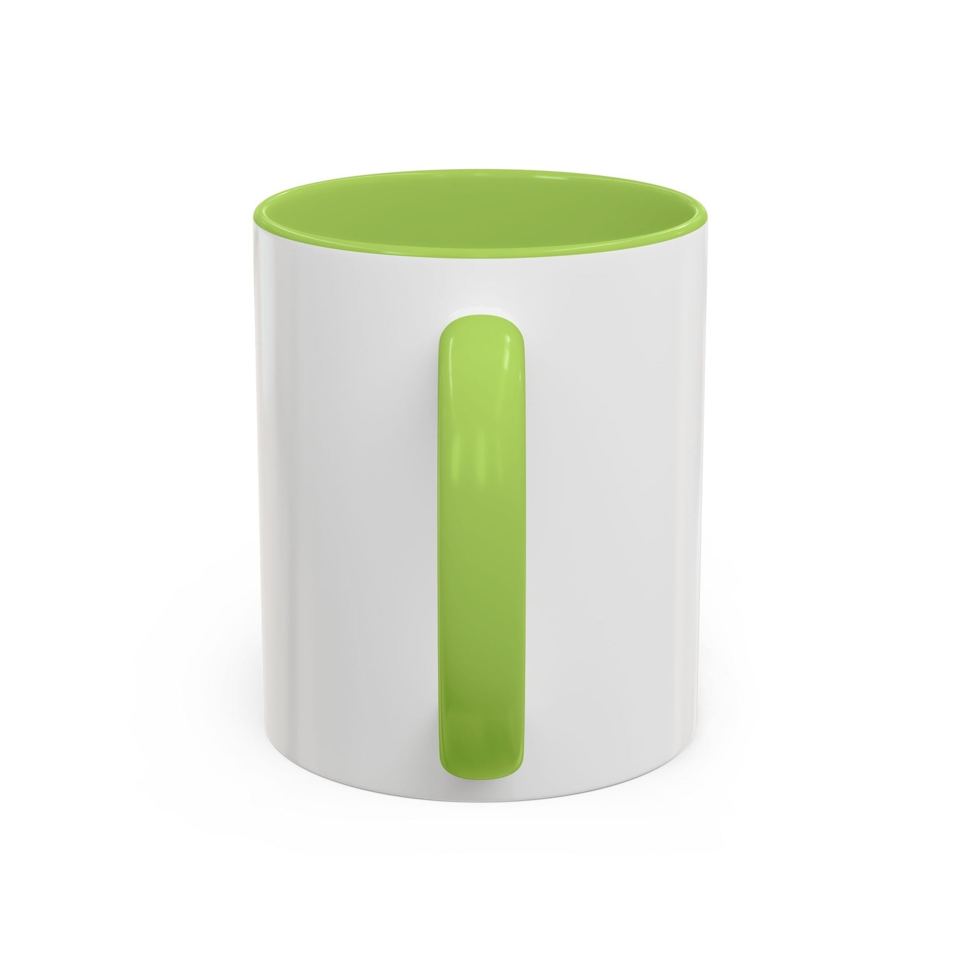 Glossy ceramic coffee mug with Vegan Heavy Metal Logo featuring leafy green text and crossed lightning bolts on white body with colored handle