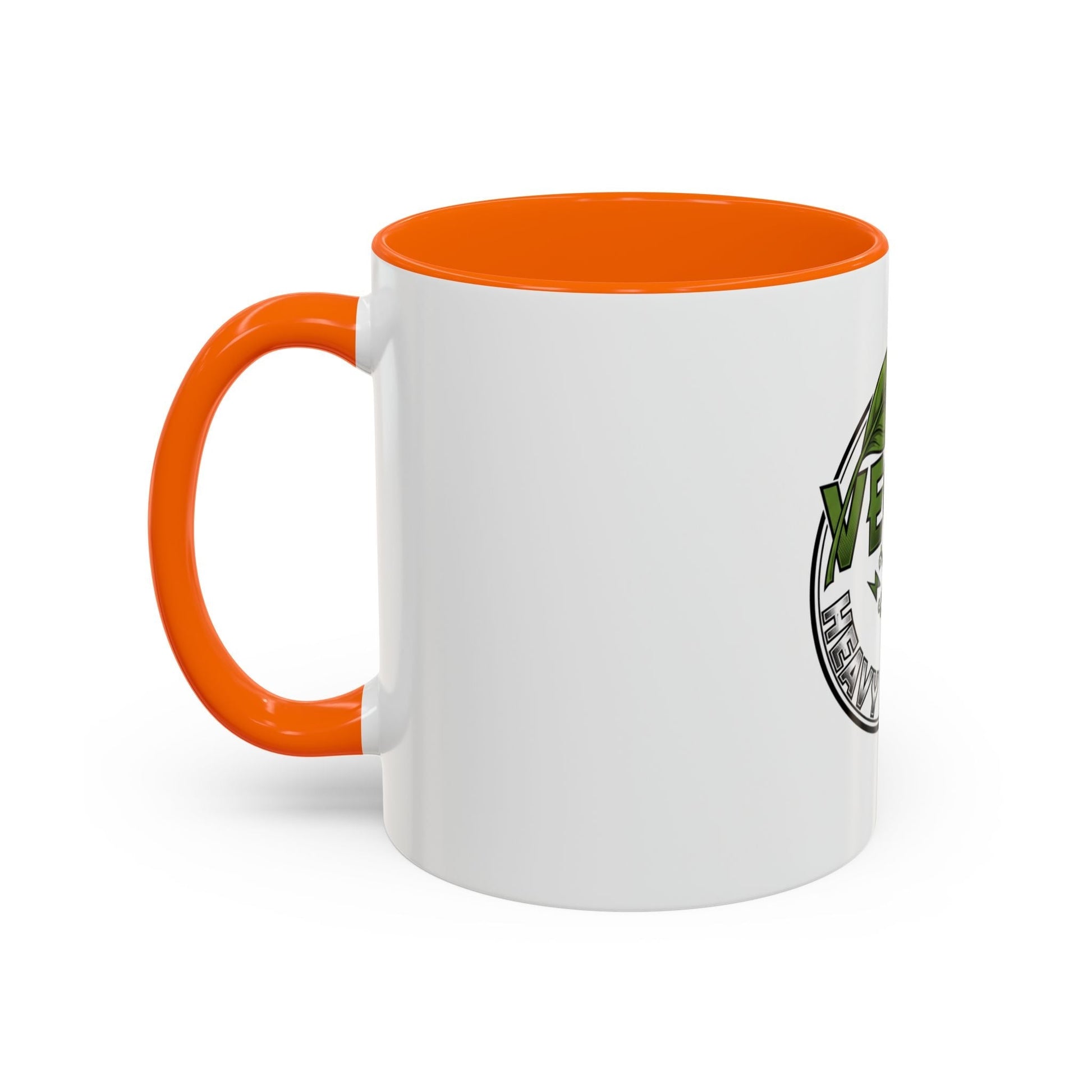 Glossy ceramic coffee mug with Vegan Heavy Metal Logo and green leafy letters on white body with colored handle and interior