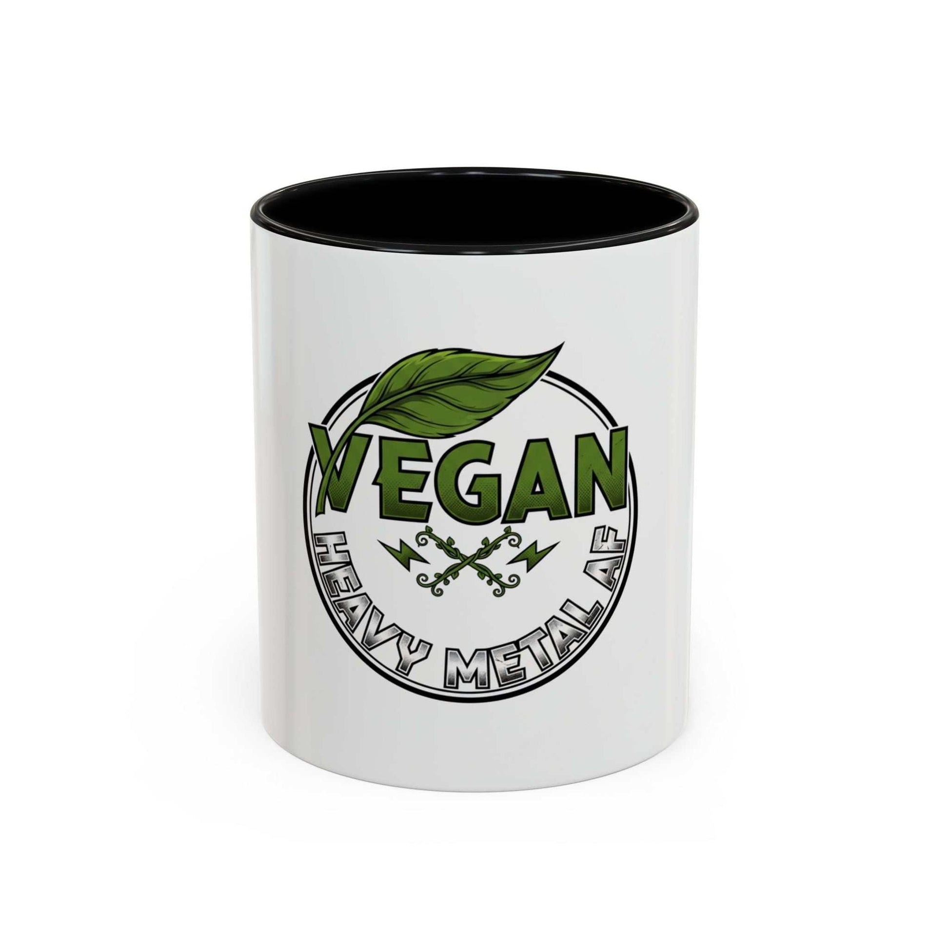 Glossy ceramic coffee mug with Vegan Heavy Metal Logo in green leafy letters and metallic accents, available in 11oz or 15oz sizes
