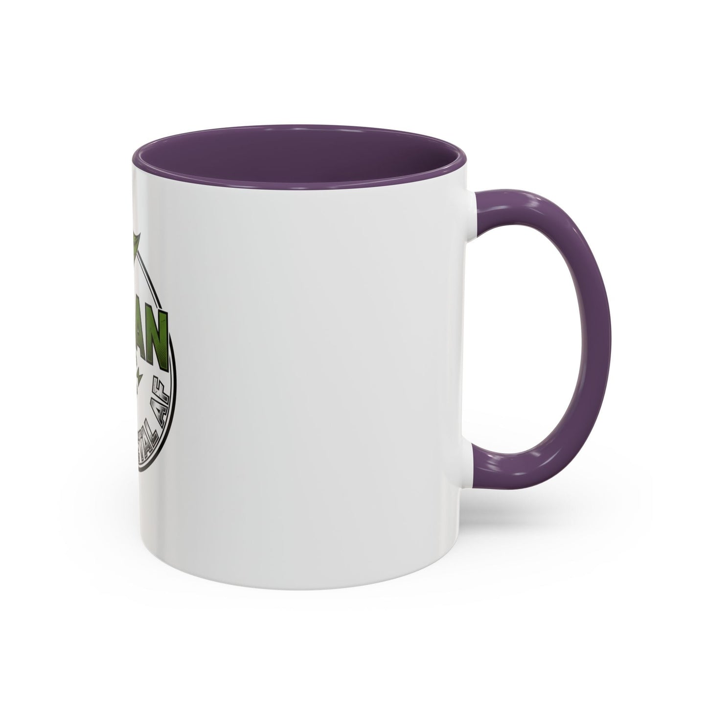 Glossy ceramic coffee mug with Vegan Heavy Metal Logo in green and metallic lettering on white body with colored handle and interior