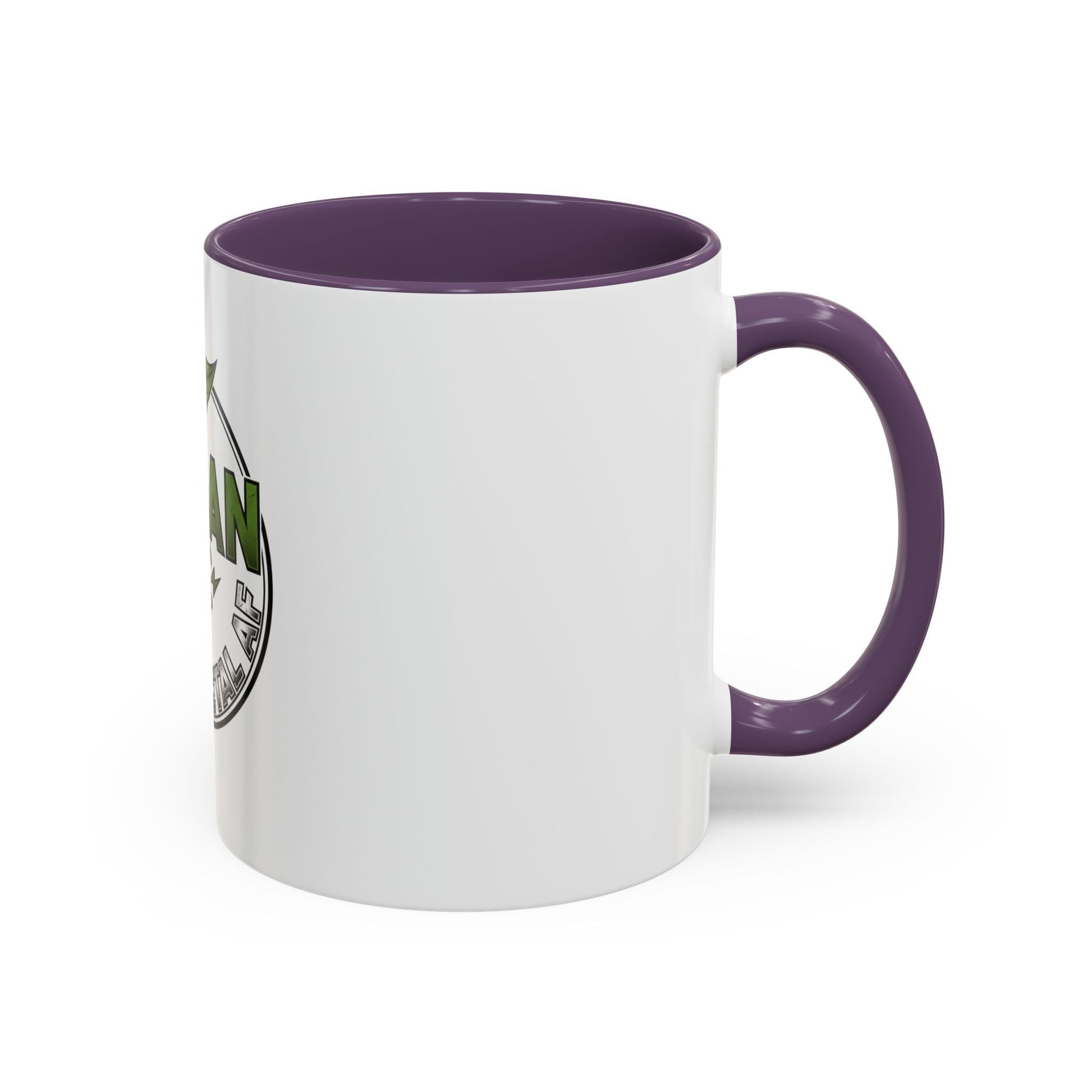 Glossy ceramic coffee mug with Vegan Heavy Metal Logo in green and metallic lettering on white body with colored handle and interior