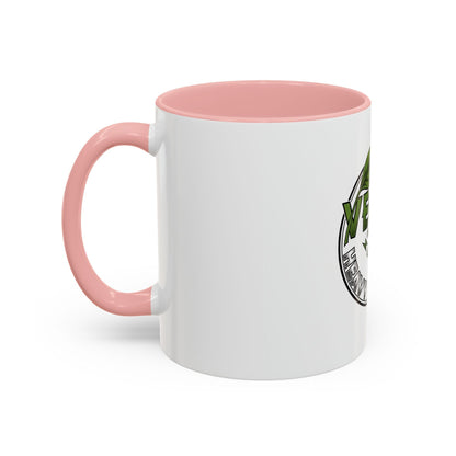 Glossy ceramic coffee mug with Vegan Heavy Metal Logo and colored handle, available in 11oz and 15oz sizes