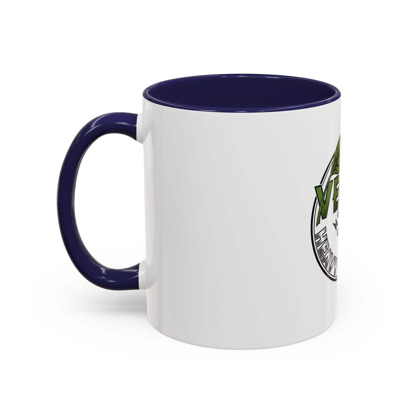 Vegan Heavy Metal Logo coffee mug with leafy green text and crossed lightning bolts on white ceramic with colored handle and interior