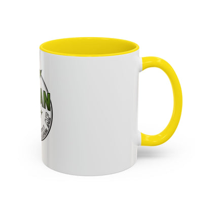 Glossy ceramic coffee mug with Vegan Heavy Metal Logo, leafy green text and crossed lightning bolts, white exterior with colored handle and interior.