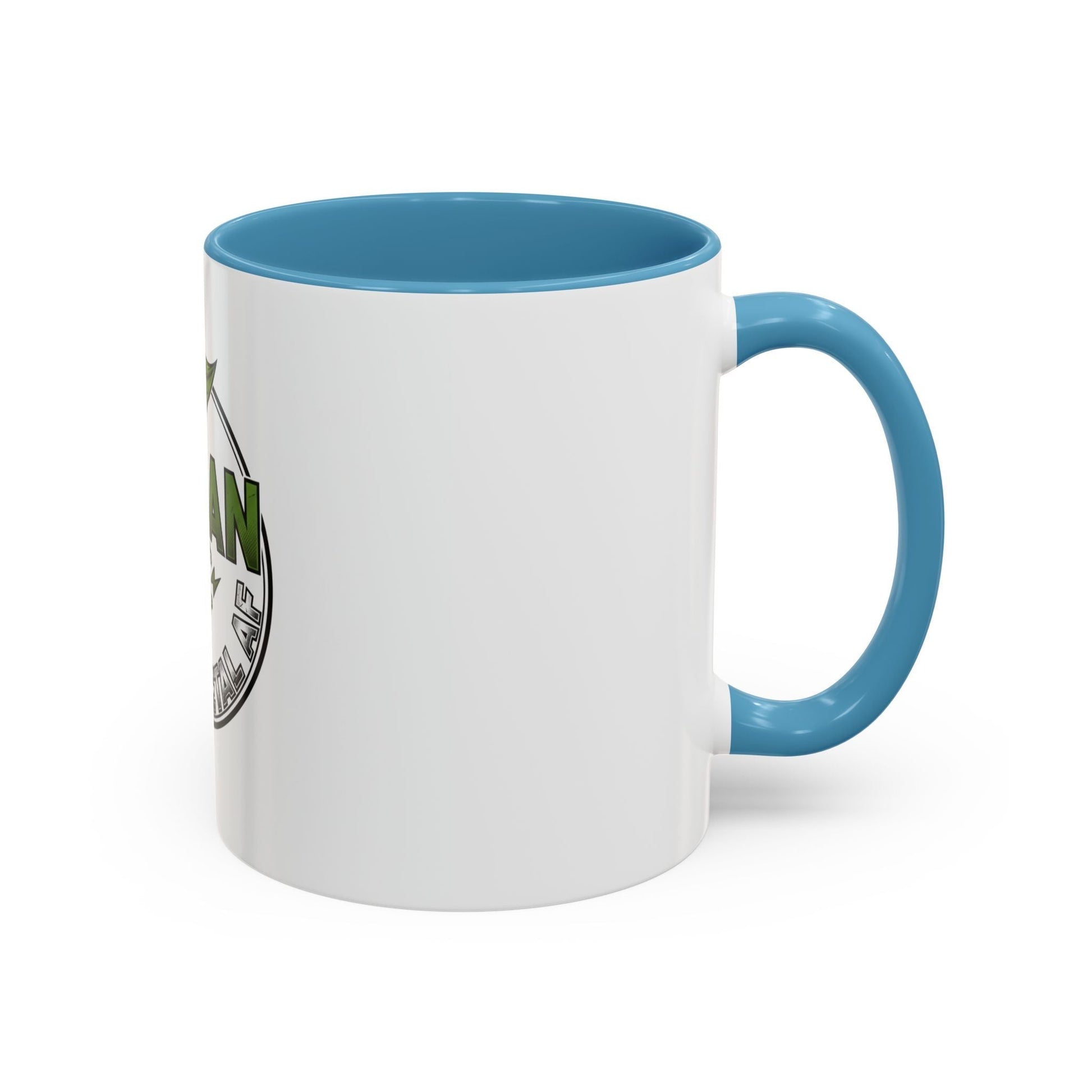Glossy ceramic coffee mug with Vegan Heavy Metal Logo featuring leafy green "VEGAN" text and lightning bolts on white background with colored handle and interior