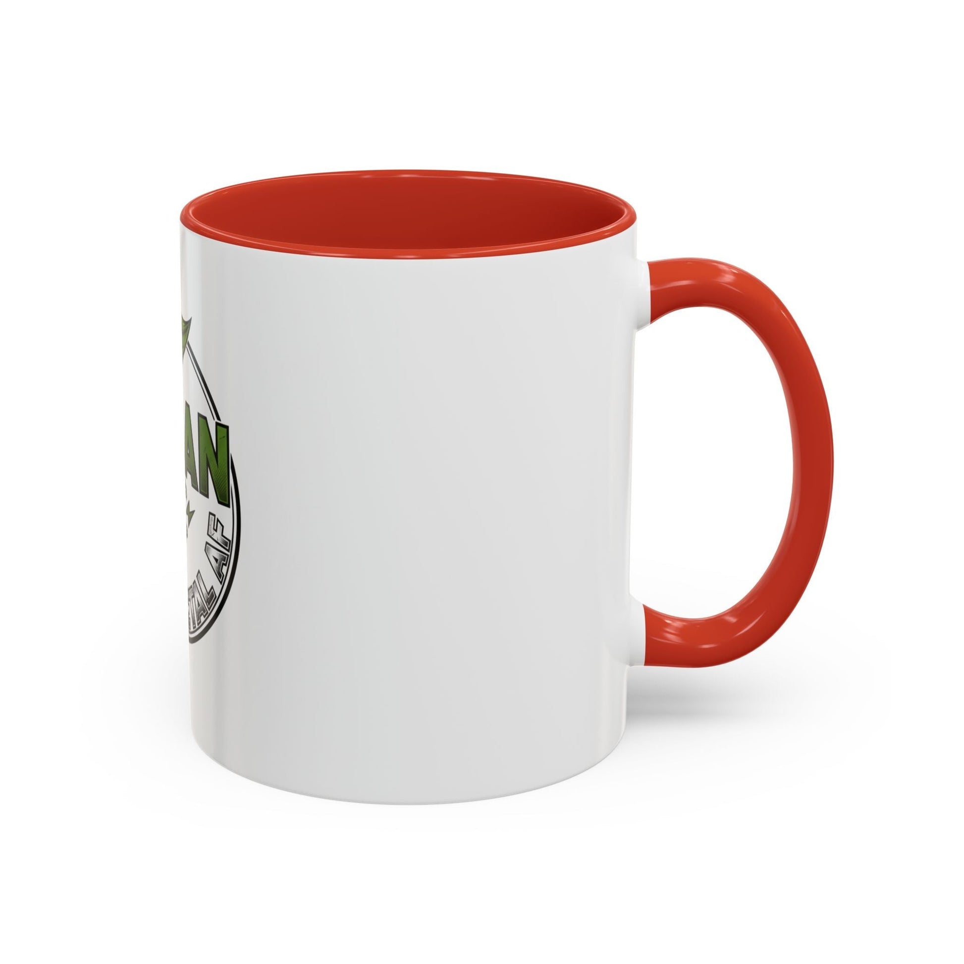 Vegan heavy metal logo coffee mug with leafy green text and crossed lightning bolts on white ceramic mug with colored interior and handle
