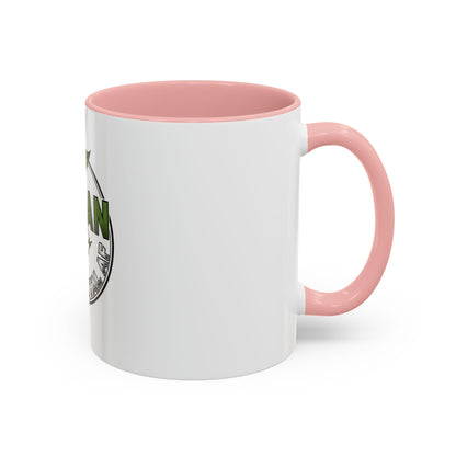 Vegan Heavy Metal Logo ceramic coffee mug with green leafy design and crossed lightning bolts, white mug with colored handle and interior
