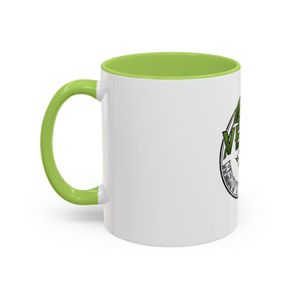 Glossy ceramic coffee mug with Vegan Heavy Metal Logo and colorful handle, available in 11oz and 15oz sizes