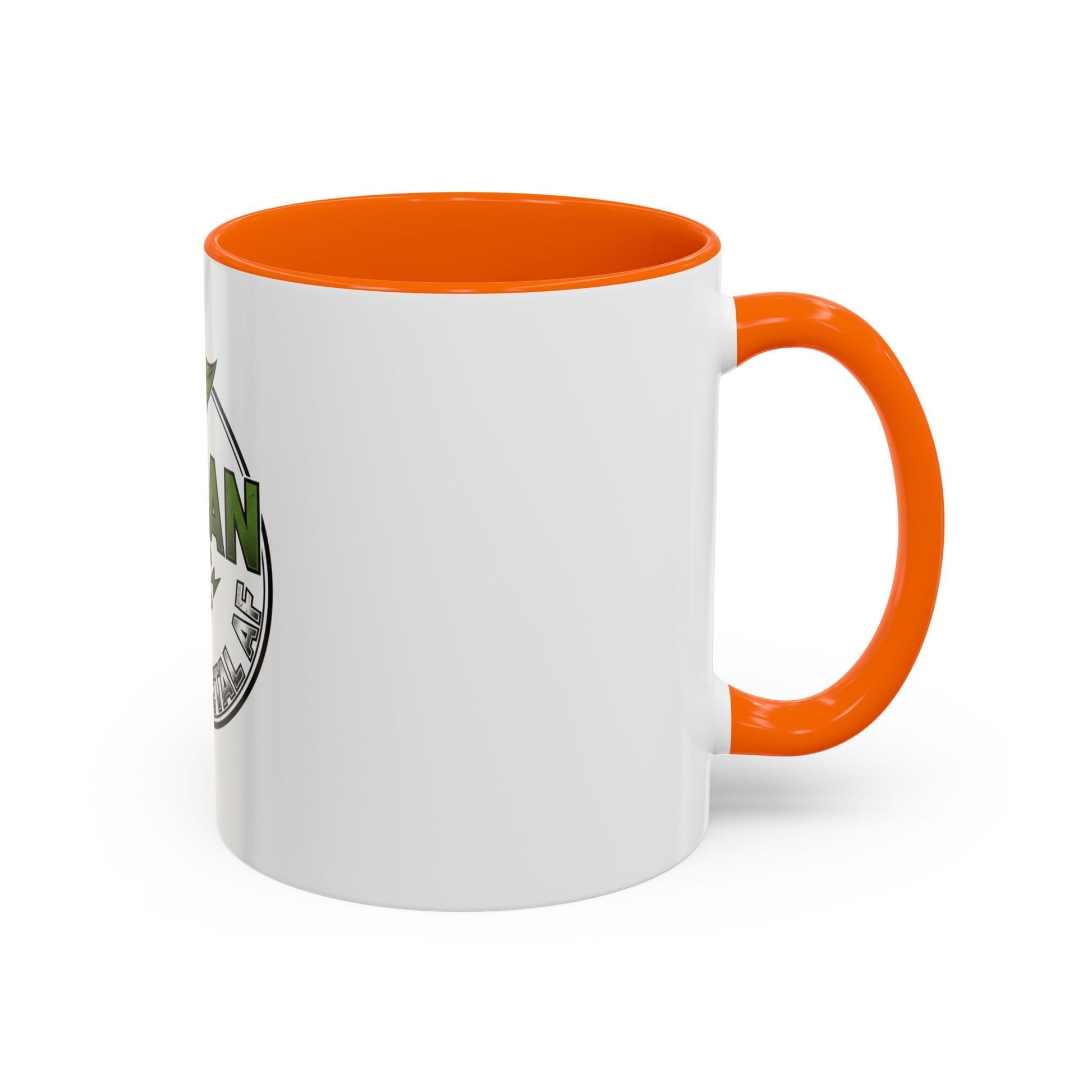 Glossy ceramic coffee mug with Vegan Heavy Metal Logo and green leafy letters, white body, colored handle and interior
