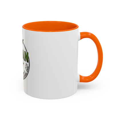 Glossy ceramic coffee mug with Vegan Heavy Metal Logo and green leafy letters, white body, colored handle and interior
