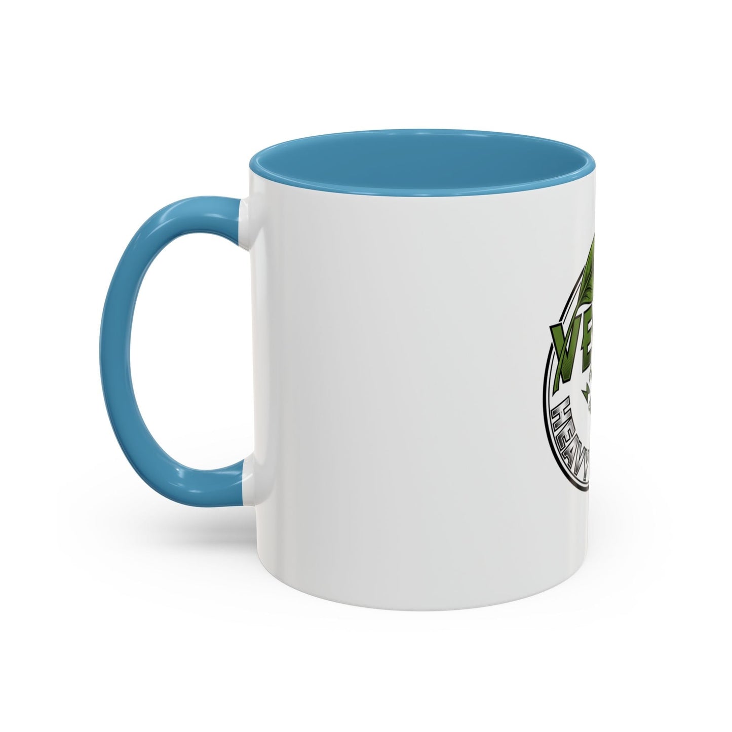 Vegan Heavy Metal Logo coffee mug with leafy green text and lightning bolts on white ceramic with colored handle and interior