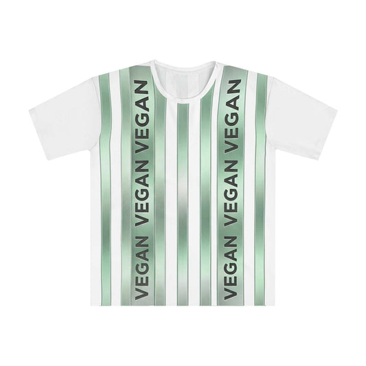 Green vegan stripe t-shirt with vertical "VEGAN" graphic and soft lightweight fabric
