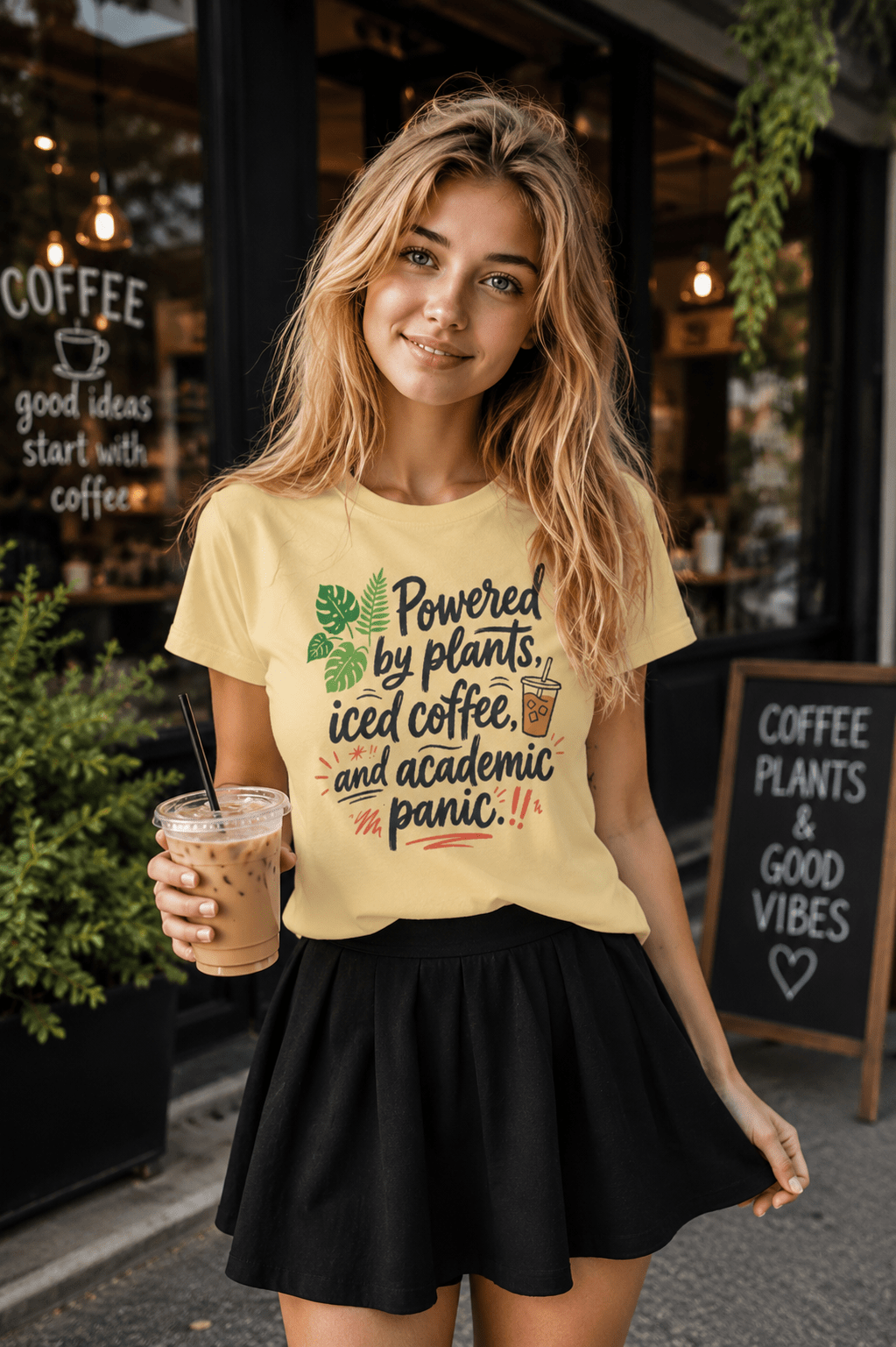 Youth T-Shirt — "Powered by Plants, Iced Coffee, and Academic Panic" Graphic Tee - ConsciousValues